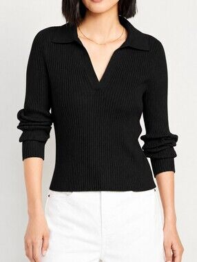 Cotton Black Ribbed V-Neck Polo Sweater - Women